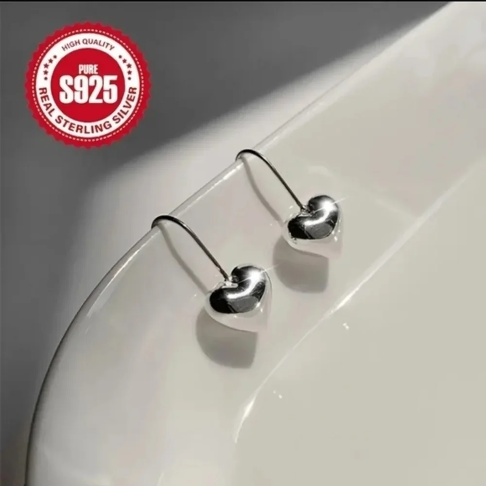 925 Sterling Silver Elegant Peach Shape‎ Heart Design Hook Dangle Earrings
